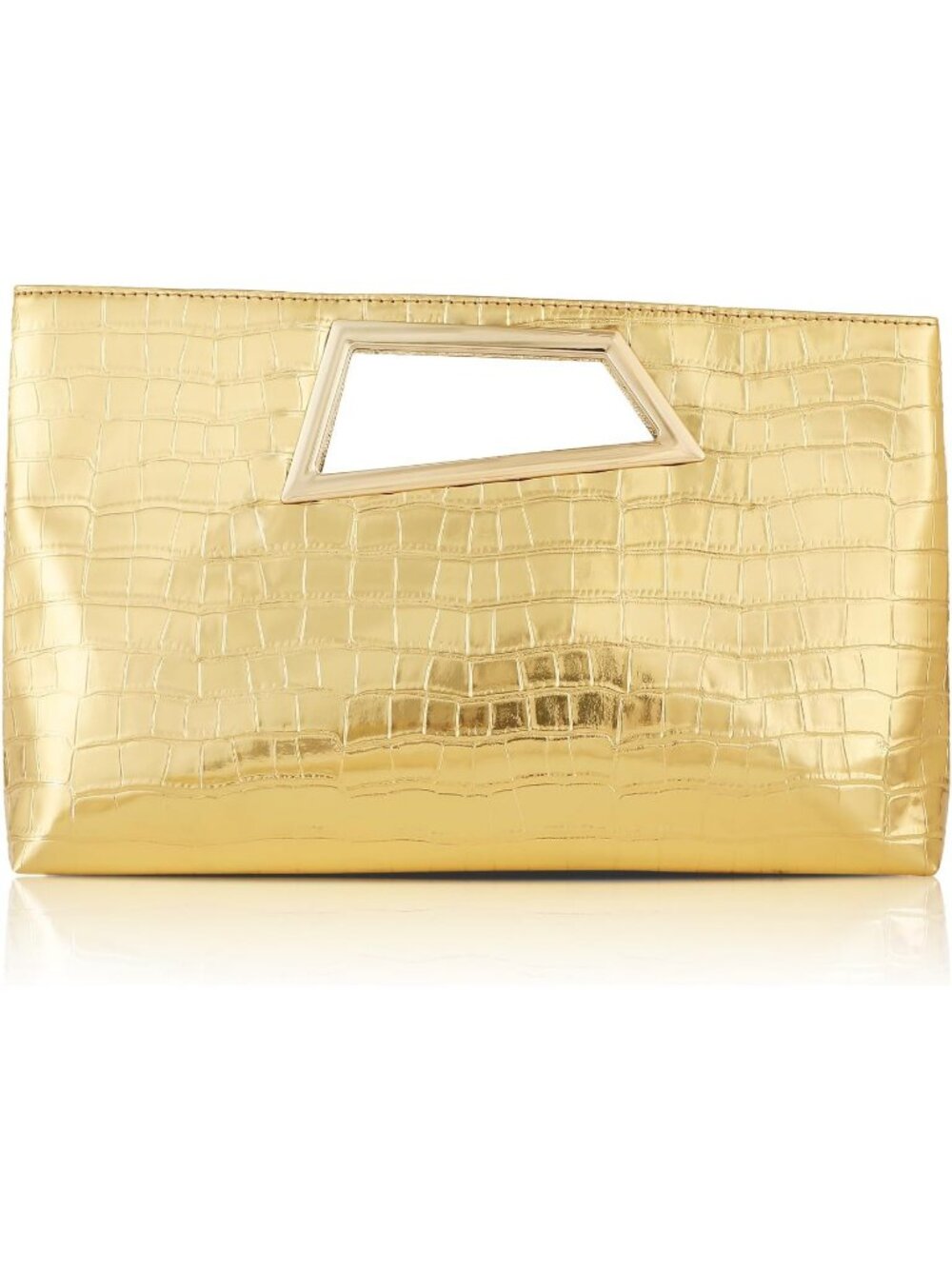 Women's Bright Gold Pu Leather Clutch Metallic Geo Top Handle Evening Bag Party